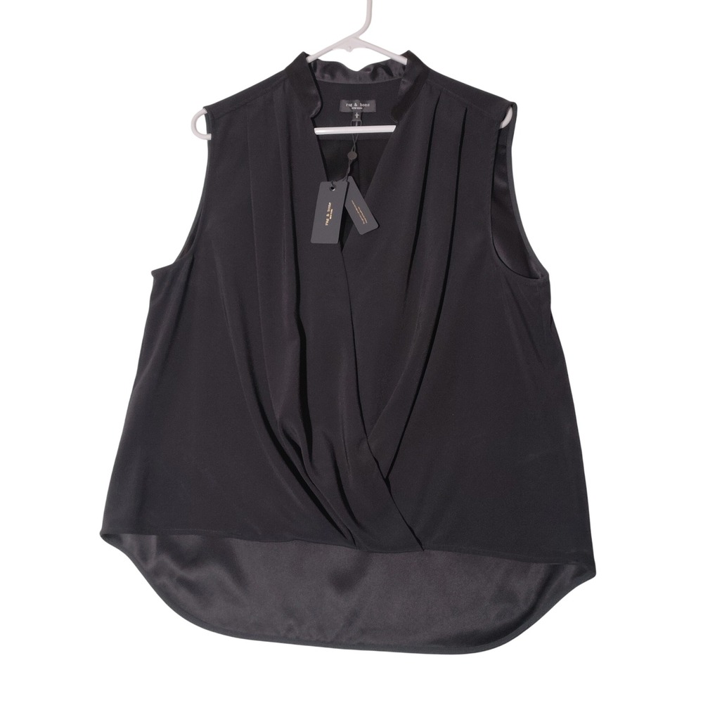 Rag & Bone Black Sleeveless Draped Surplice Blouse High-Low Hem Large NEW